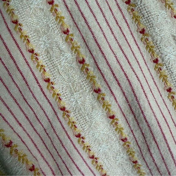 vtg 70s dress ruffle hem deep vneck striped embroidered pink cream green - Picture 7 of 11